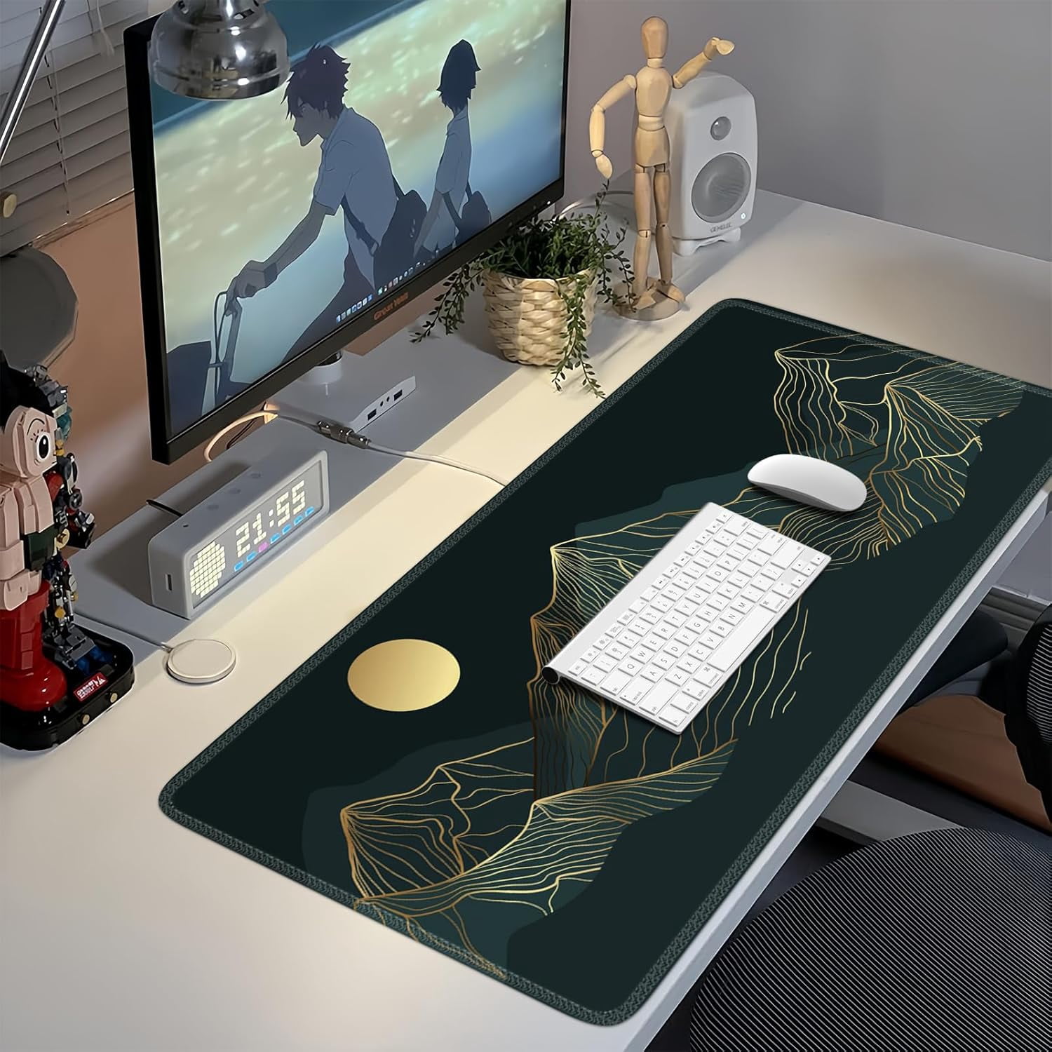 XXL Large Mouse Pad, Green Big Mousepad with Stitched Edges& Stable Rubber Base, Keyboard Mat Desk Pad for Work, Game, Office, Home (A-Mountain Cyan, Extended)