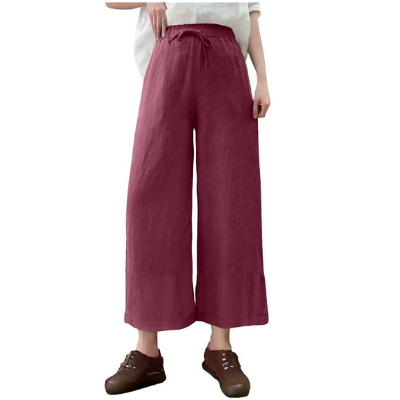 cfhntfmh Wide Leg Cotton Linen Pants for Women Summer Capri Palazzo Flowy Pants Casual Loose High Waist Trousers with Pockets
