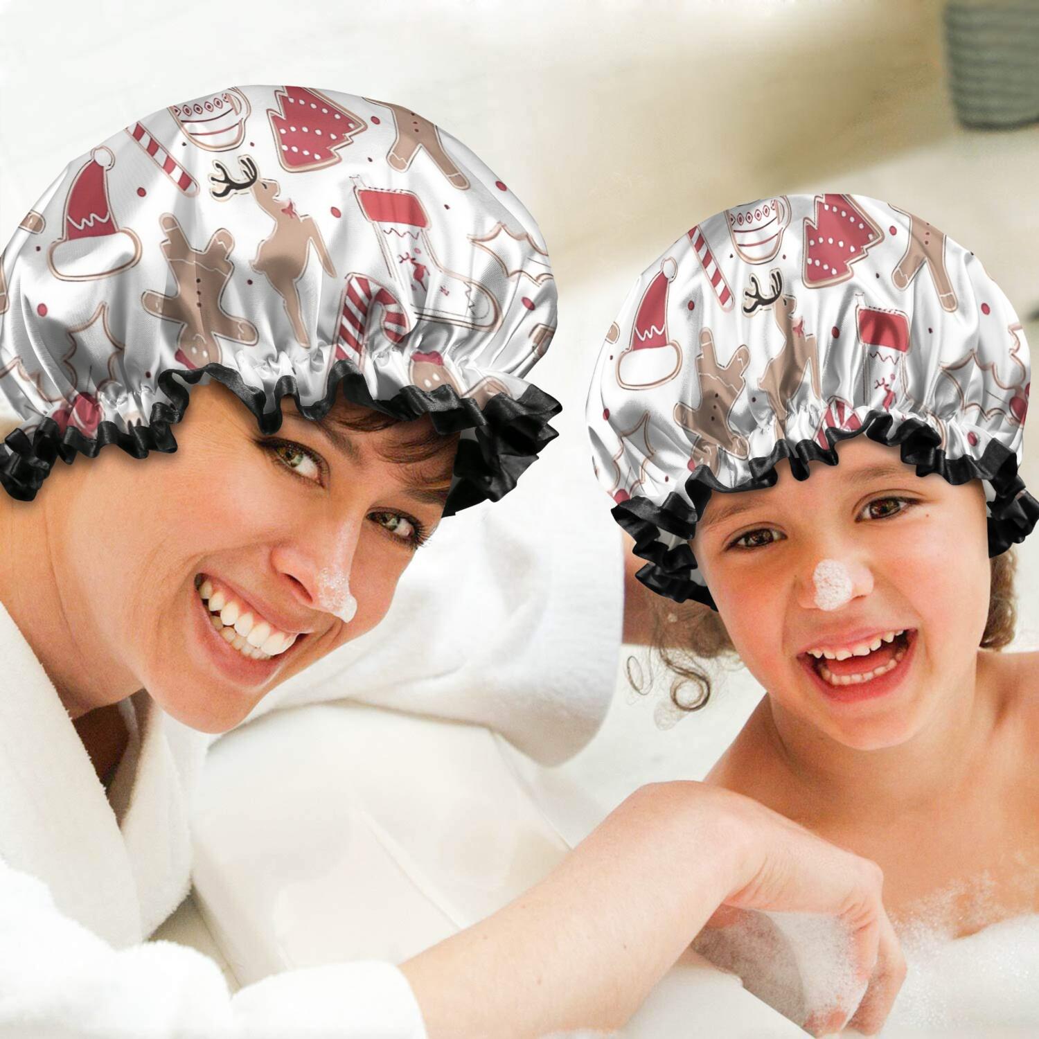 Shower Caps,White Christmas Cookie Pattern Waterproof Shower Cap for Women 4 Pieces,Double Reusable Hair Cover for Shower PEVA Elastic Stretch Hem
