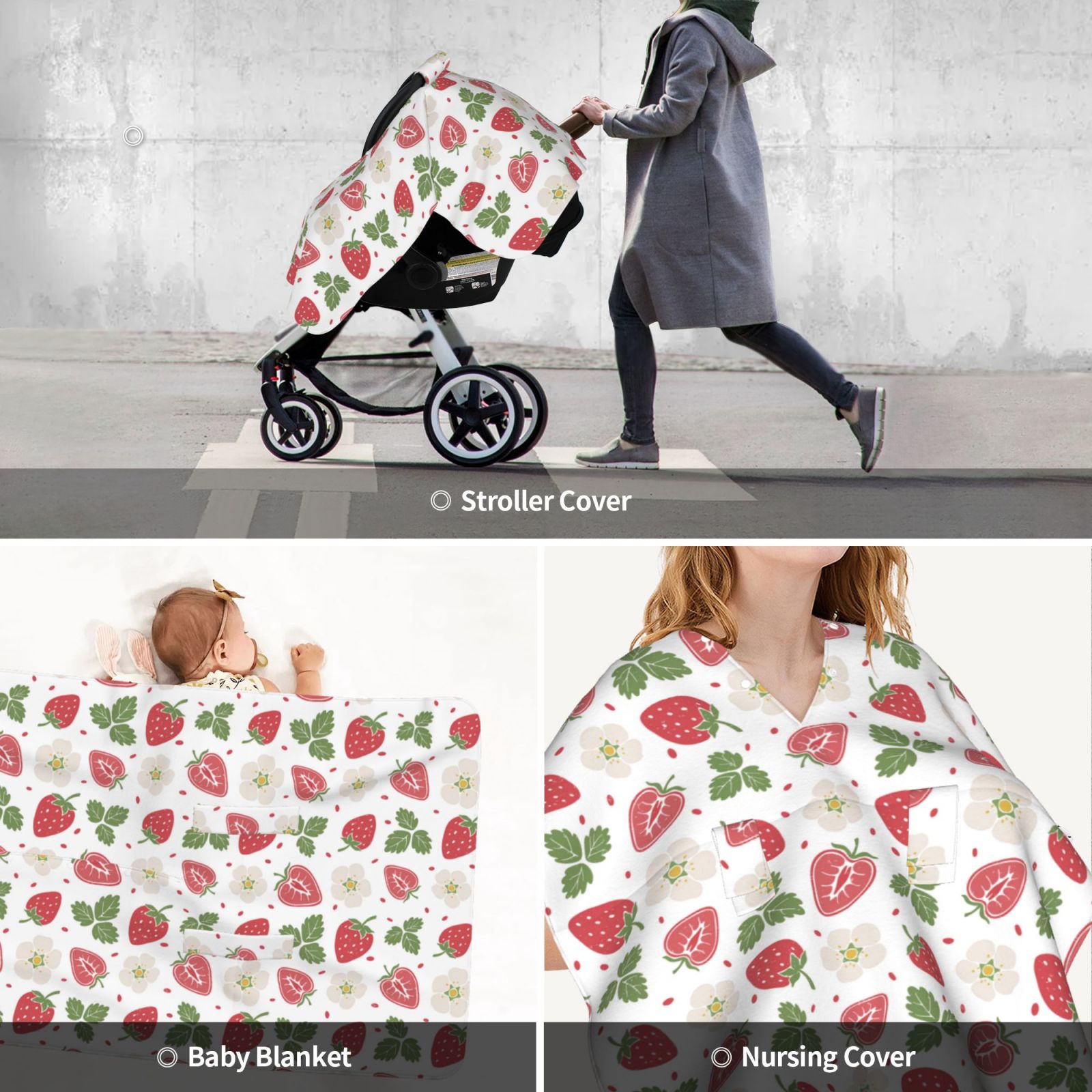 Car Seat Cover Baby - Cute Flower Strawberry Leaves Breathable Infant Car Seat Cover for Baby Carseat, Lightweight Comfort Baby Essentials Must Haves Newborn Stuff for Girl Boy