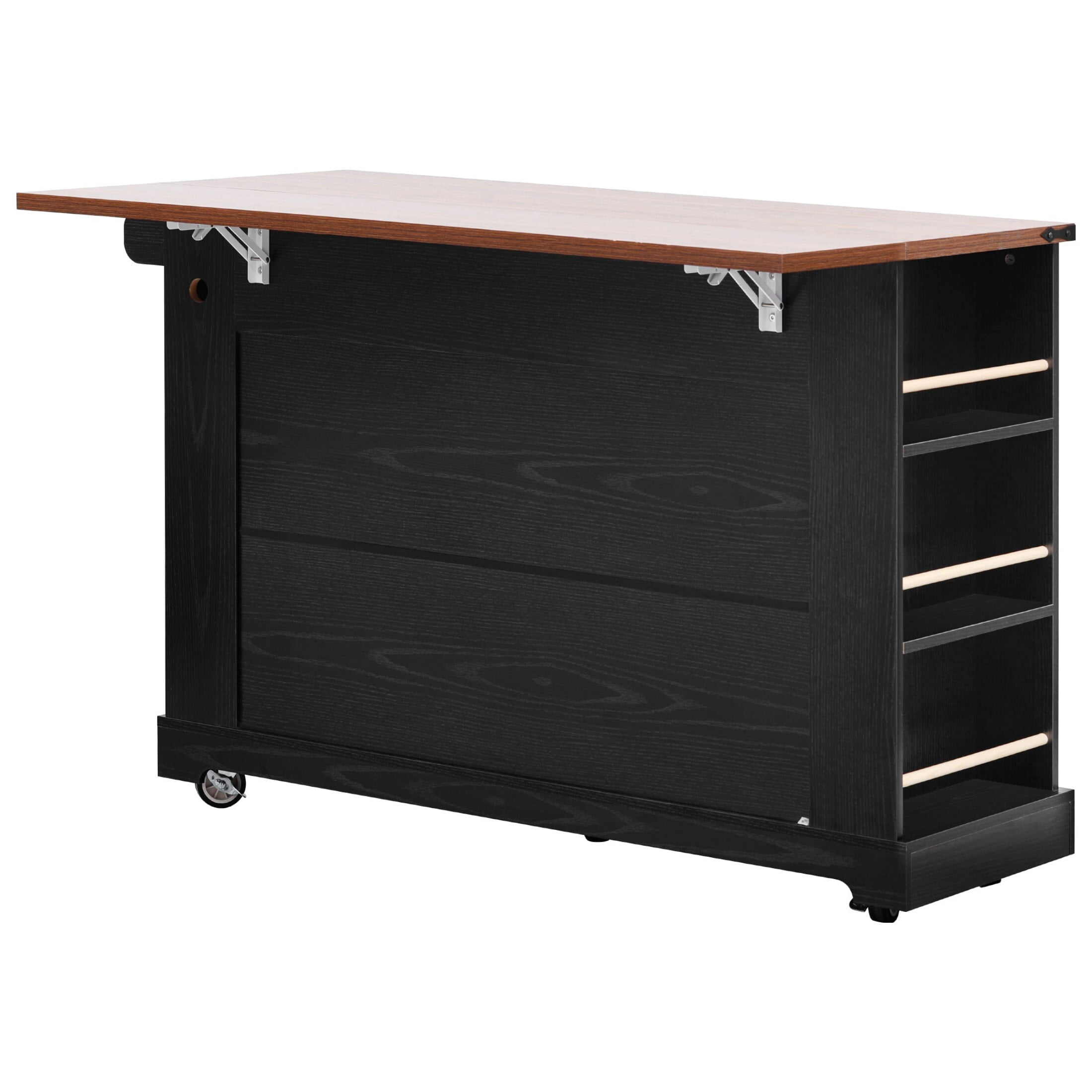 AENKYO 53'' Kitchen Island Cart with Drop Leaf and Charging Station, Rolling Kitchen Storage Cart with 3 Drawers, Black