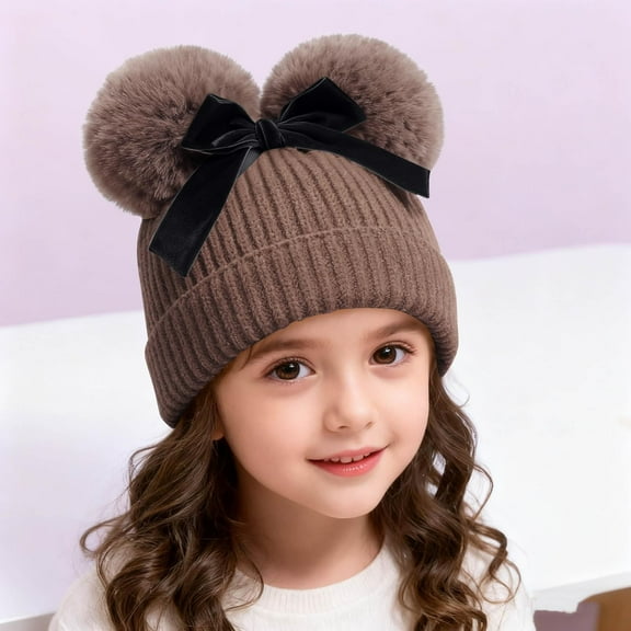 SYMOID 6 Month Kids Girl Cotton Beanie, Warm Knit Hat with Faux Faux Fur Pom Poms & Velvet Bow, Brown Winter Fall Beanie for Kids,Size 6 Months