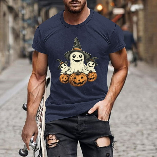 Blusas y camisas de manga corta y cuello redondo para hombre. Blusas/camisetas de manga corta con cuello redondo y estampado de Halloween para hombre. Blusa para hombre.