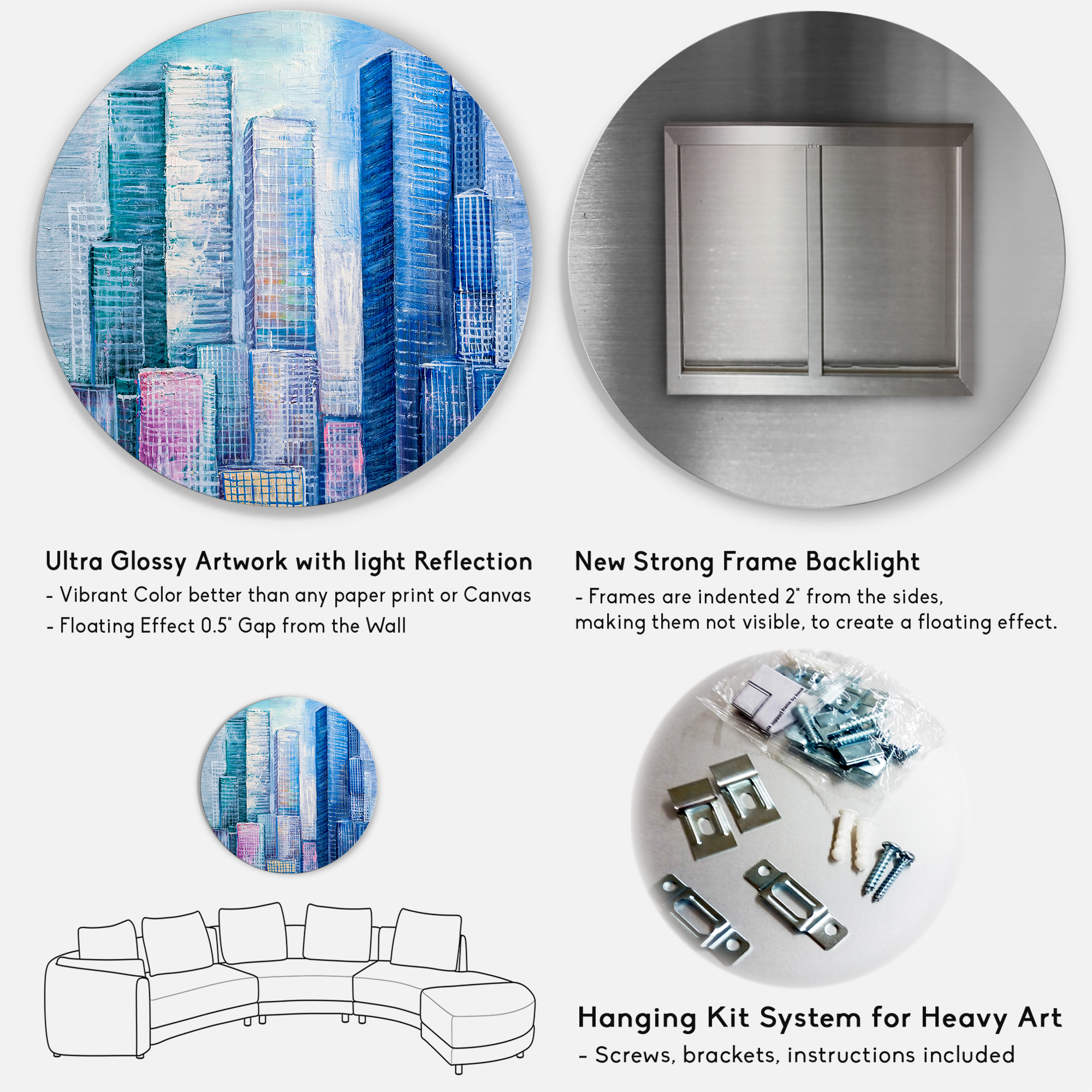 Designart 'Abstract Style Cityscape Panorama Skyscrapers I' Modern Circle Metal Wall Art 23x23 - Disc of 23
