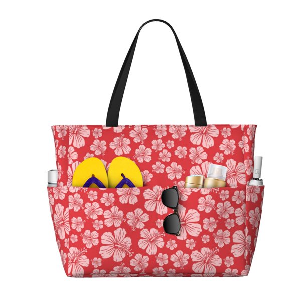 Easygdp Red Hibiscus Flower Bolsa de Viaje de Playa de Gran Capacidad, Bolsa Tote Perfecta para la Playa, Escapadas de Fin de Semana y Viajes