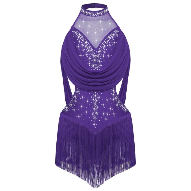 vastwit Kids Girls Sparkly Rhinestone Halter Tassel Latin Dance Dress Skirted Leotard Salsa Rumba Tango Dancewear Purple 14