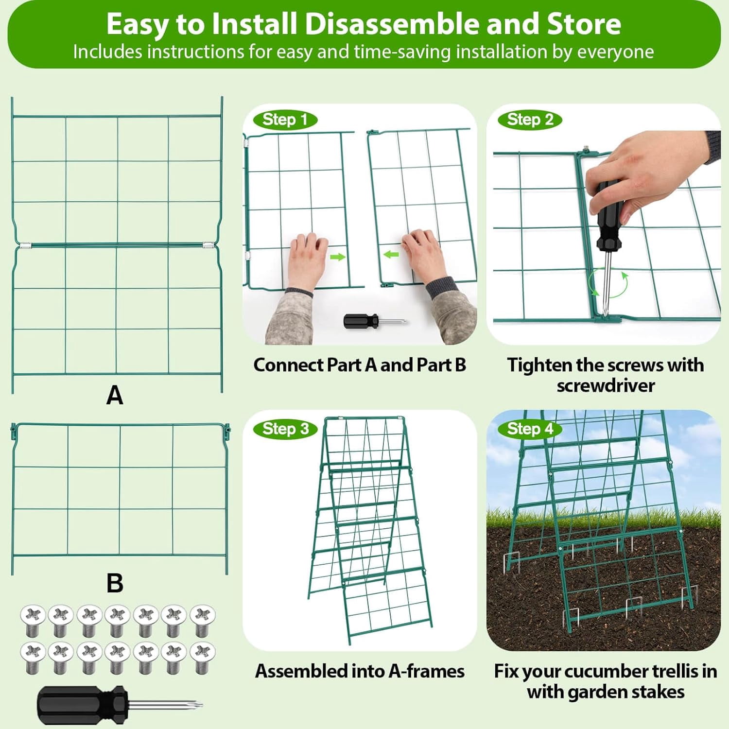 Cucumber Trellis for Raised Garden Bed, Outdoor Sturdy Metal A-Frame Cucumber Trellis Support for Climbing Plants Vegetables and Fruits with Accessories, Easy installation and Easy Harvesting