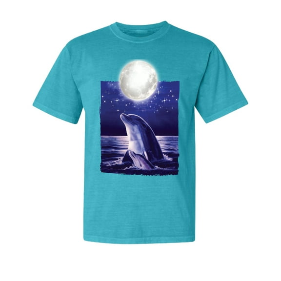 Wild Bobby, Nautical Full Moon Bottlenose Dolphin, Animal Lover, Garment-Dyed Washed Look Short Sleeve T-Shirt, Blue Lagoon, Small