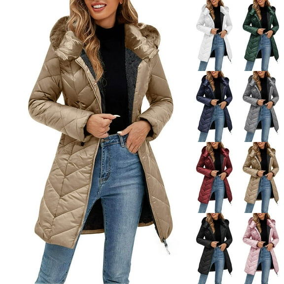 Horkkom Long Winter Coats for Women Fleece Zip Up Jackets with Pockets Hood Warm Soft Overcoats L