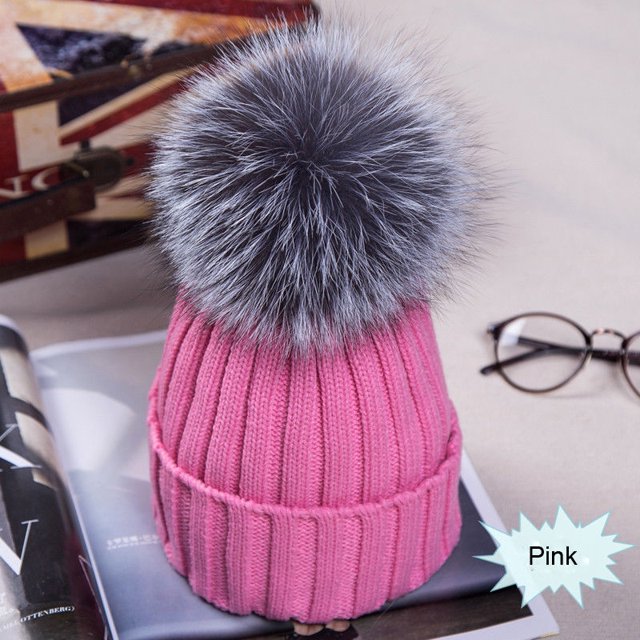 ITFABS Ladies Knitted Woolen Cap Solid Color Furry Ball Thick Stylish Hat