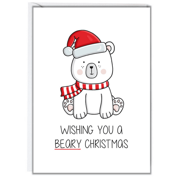 Cute Christmas Card featuring Adorable Polar Bear – “Wishing You a Beary Christmas” Design – Blank Inside with Envelope – Perfect Holiday Greeting for Friends and Family