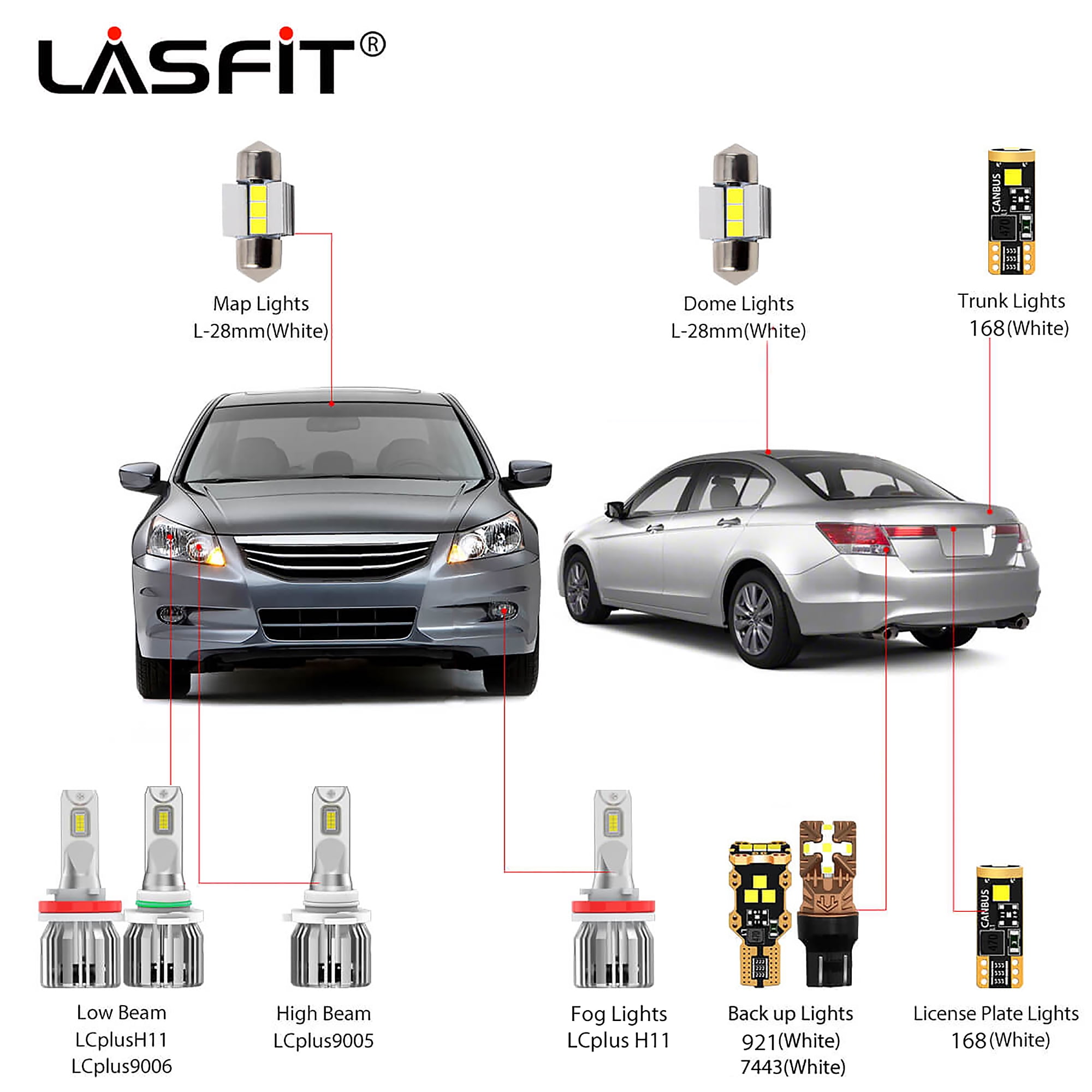 Lasfit LED Light Bulbs For Honda Accord 2008-2012, LED High Low Beam Fog  License Plate Cargo Dome Map Backup Light Bulbs 