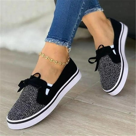 

Tangnade Winter Clearance Fashion Large Size Canvas Shoes Elastic Bow Flat Low Top Casual Shoes for Women