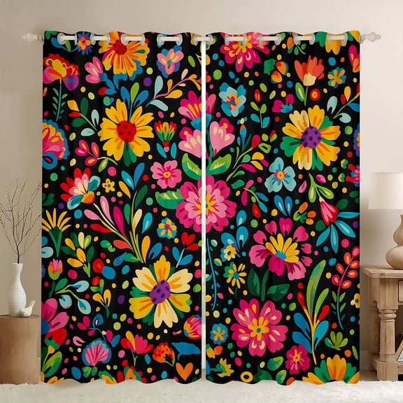 Homewish Boho Watercolor Floral Kitchen Curtains,Peony Daisy Flower Black Out Curtains Pack of 2 (42x63 Each),Multicolor