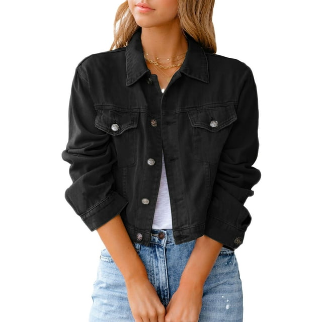 UKAP Ladies Outwear Long Sleeve Denim Jackets Trucker Jacket Distressed Holiday Black XL