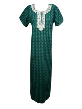 Mogul Womens Maxi Caftan Dress Neck Embroidered Cotton Short Sleeves Summer Comfy Evening Kaftan Nightgown L