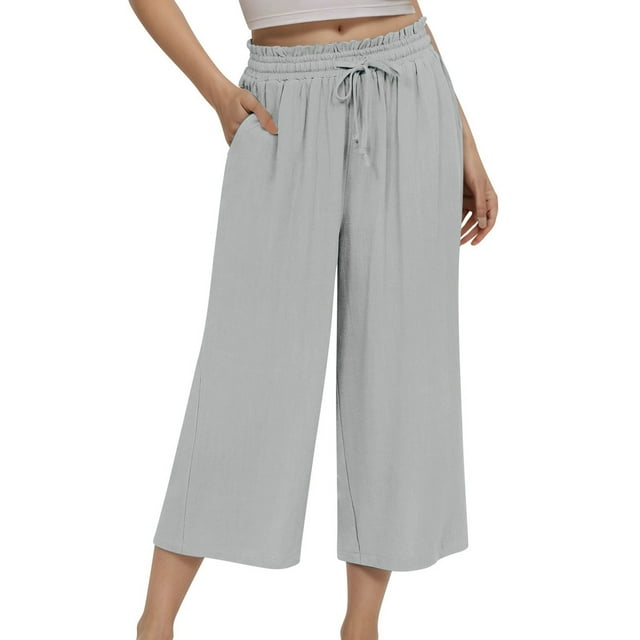Elegant Ladies Linen High Waist Wide Leg Trousers with Adjustable Drawstring for Versatile Daily Wear Comfort