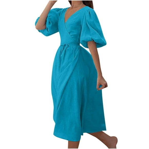 Summer Dresses for Women 2023 V Neck Wrap Puff Sleeve Boho Midi Dress Tie Waist Split Casual Plain Beach Sun Dresses