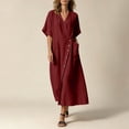 thumbnail image 2 of Bxsruta Women's Wrap V Neck Midi Dress Button Front Short Sleeve Loose Fit Casual Faux Linen Summer Dress Breathable Lightweight Versatile Everyday Flattering, 2 of 8