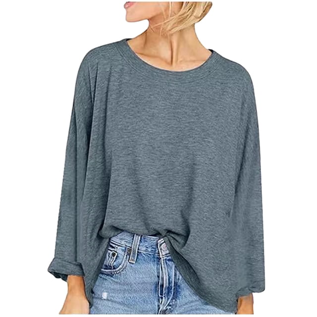 Besolor Womens Oversized T-Shirts Crewneck Long Sleeve Basic Blouse Casual Loose Solid Color Layering Tees Fall Outfits