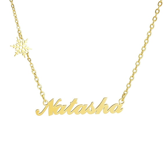 Personalized Name Necklace with Snowflake, 18K Gold Plated Stainless Steel Custom Nameplate Pendant Necklaces, Cross Chain, 6 Chain Length Options