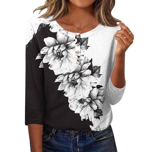 Otoño 3/4 Manga Tops para las Mujeres 2025 de Moda Impreso Botón Casual Cuello Redondo Suelto Camiseta