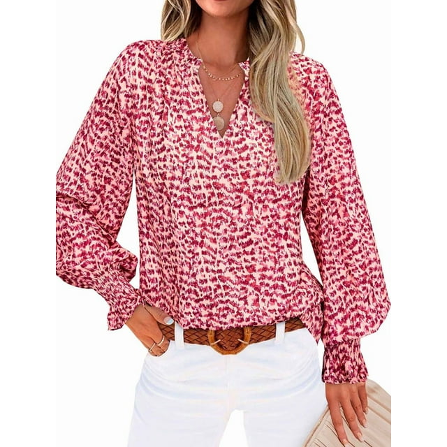 Blusa de Estilo Bohemio con Cuello en V y Mangas Largas, Estilo Floral, Informal, Holgada, de Verano, con Mangas Abullonadas para Mujer. Rojo XL