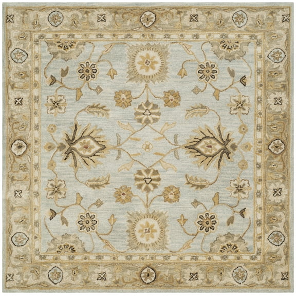 SAFAVIEH Antiquity Ingram Traditional Bordered Wool Area Rug, Light Blue/Sage, 6' x 6' Square