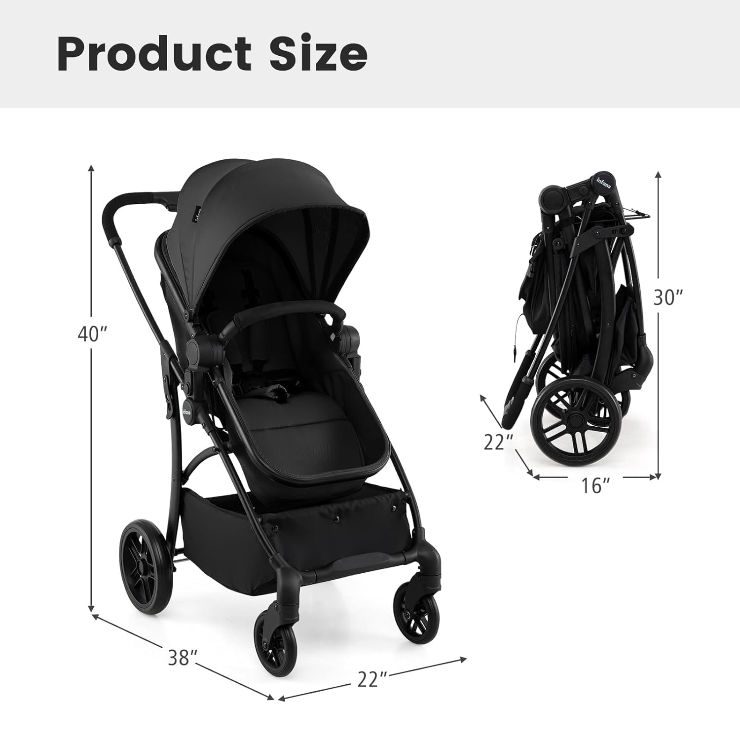 INFANS 2 in 1 Baby Stroller, Convertible Stroller with Bassinet Reversible Seat Adjustable Backrest Canopy One Hand Fold, Compact Toddler Pushchair for Kids Infants Newborns 0-36 Months