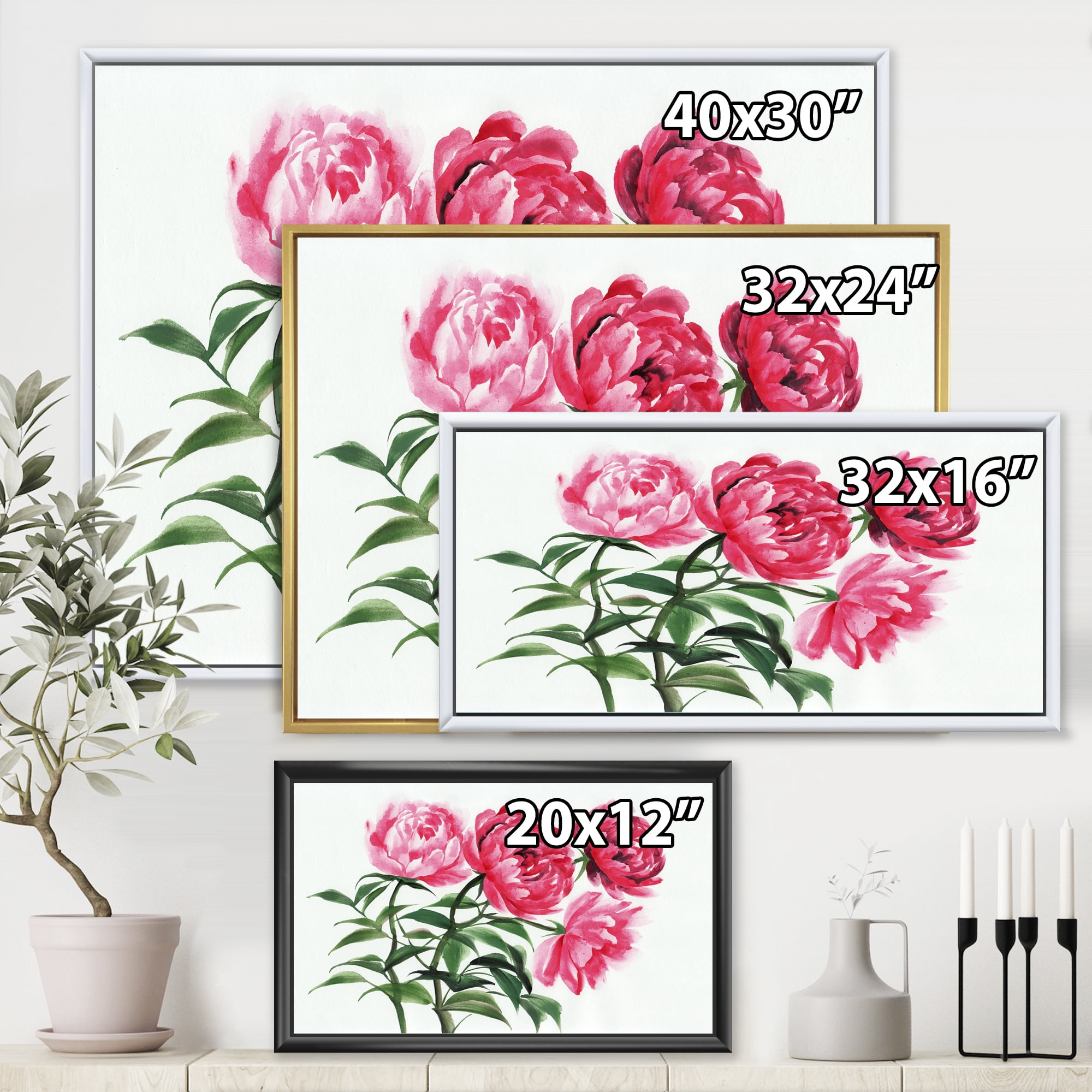 Abstract Four Vintage Pink Peonies 20 in x 12 in Framed Painting Canvas Art Print, by Designart