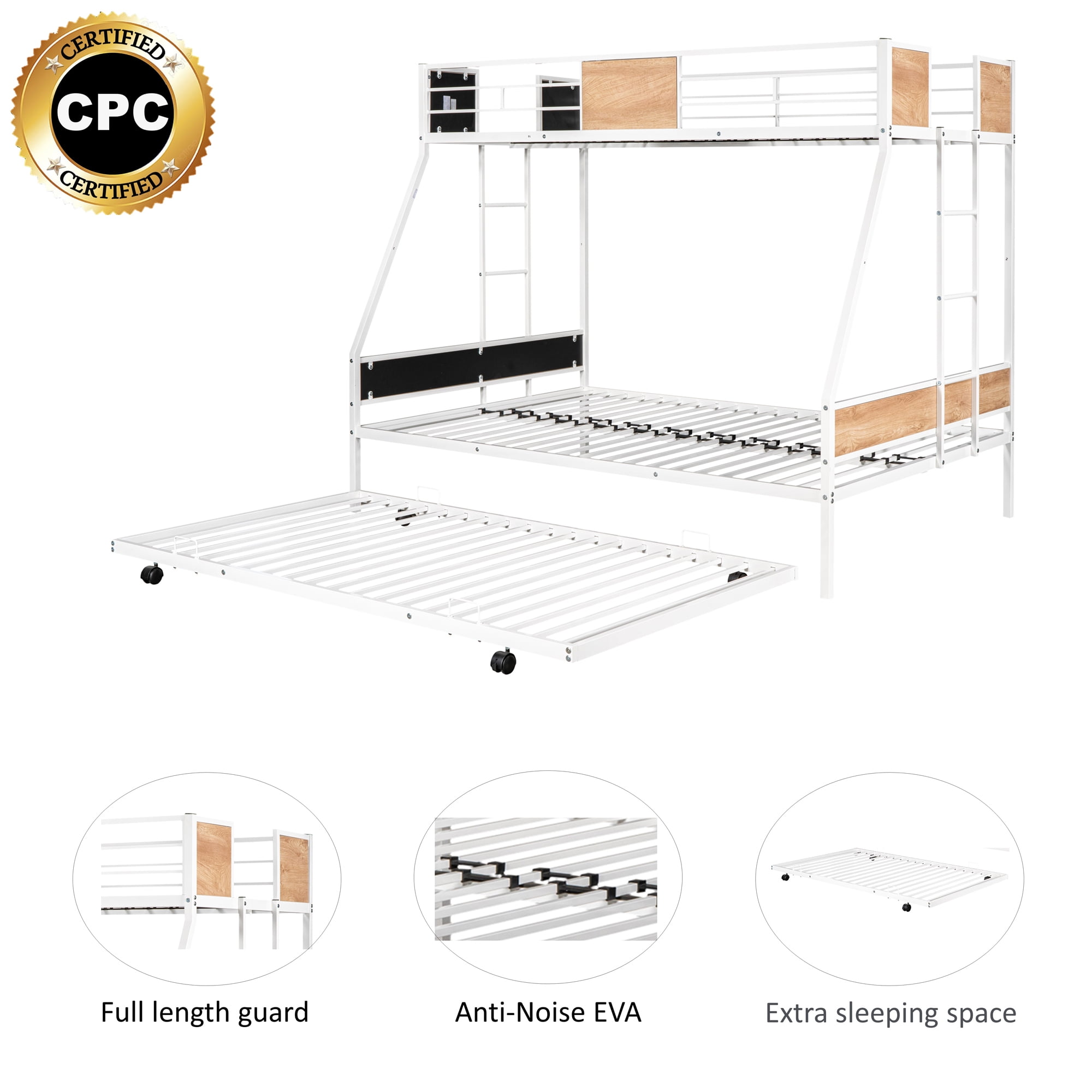 Gewnee Twin over Full Metal Bunk Bed with Trundle and  Two Ladders for Kids Room, White