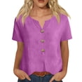 thumbnail image 5 of Women's Casual Short Sleeve V-Neck Button-Down Top - Loose Fit Linen-Blend Blouse for Summer, Everyday Wear & Vacation Purple L, 5 of 6