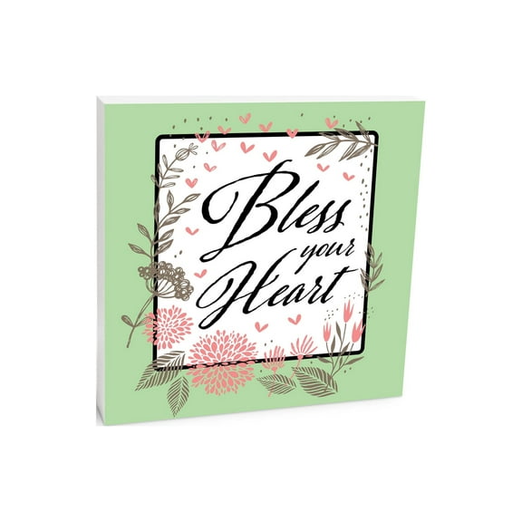 Bless Your Heart Lime Green Floral 10 x 10 Wood Tabletop Sign Plaque