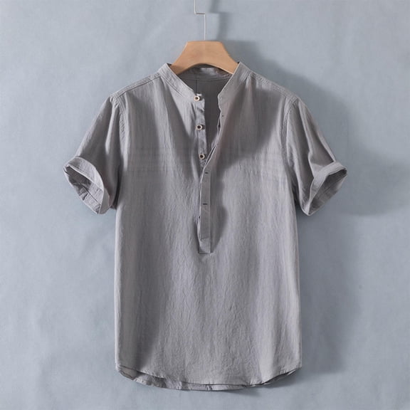Yaoyar Band Collar Linen Shirt Men Short Sleeve Half Button Gauze Tee Shirts Henley Neck Beach Hippie House Pullover Tops