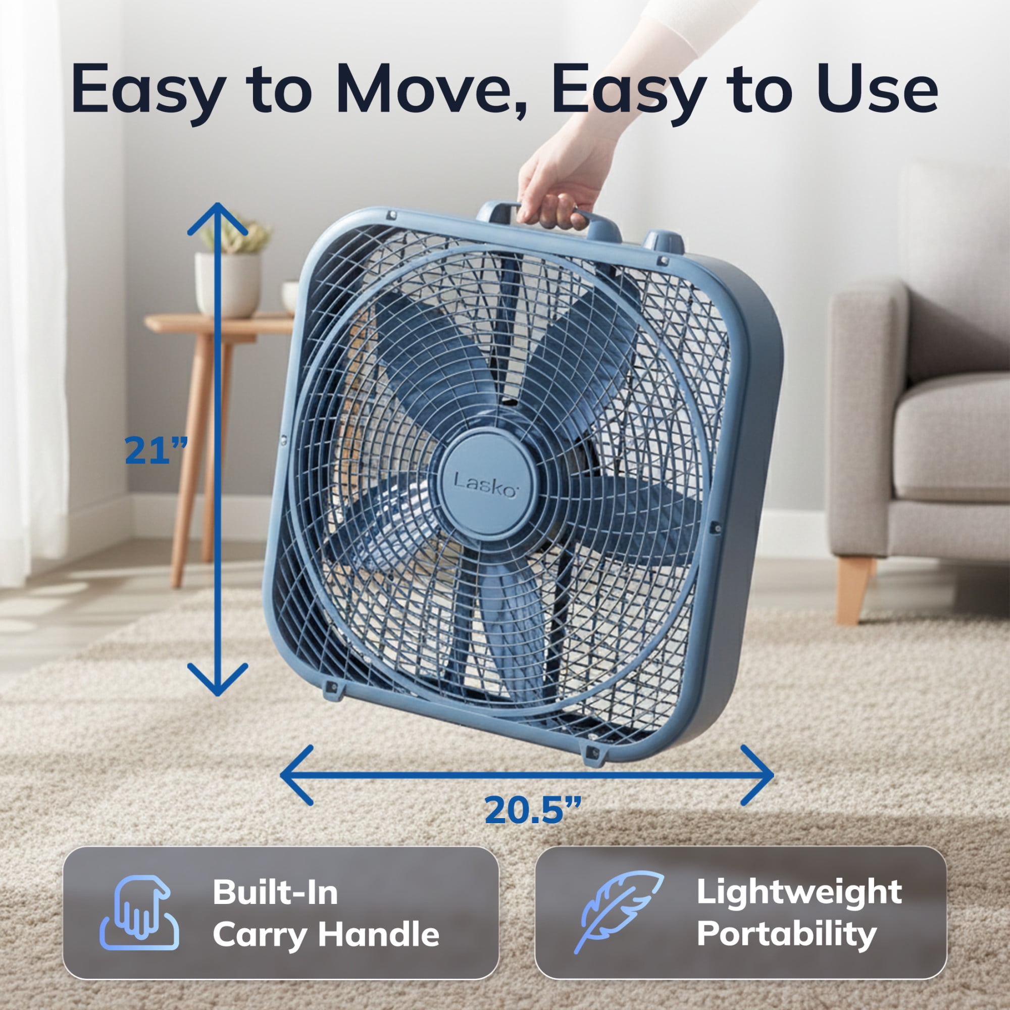Lasko 20" Cool Colors Classic Box Fan with Weather-Resistant Motor, Portable Cooling Floor or Window Fan, 3 Speeds, Laguna Blue, B20312