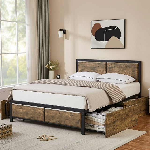 VECELO Full Size Bed Frame with 4 Storage Drawers, Wooden Headboard and Footboard, No Box Spring Needed, Brown
