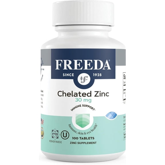Freeda Chelated Zinc Supplement Tablets 30mg for Immune, Skin, and Eye Health, 100 Count