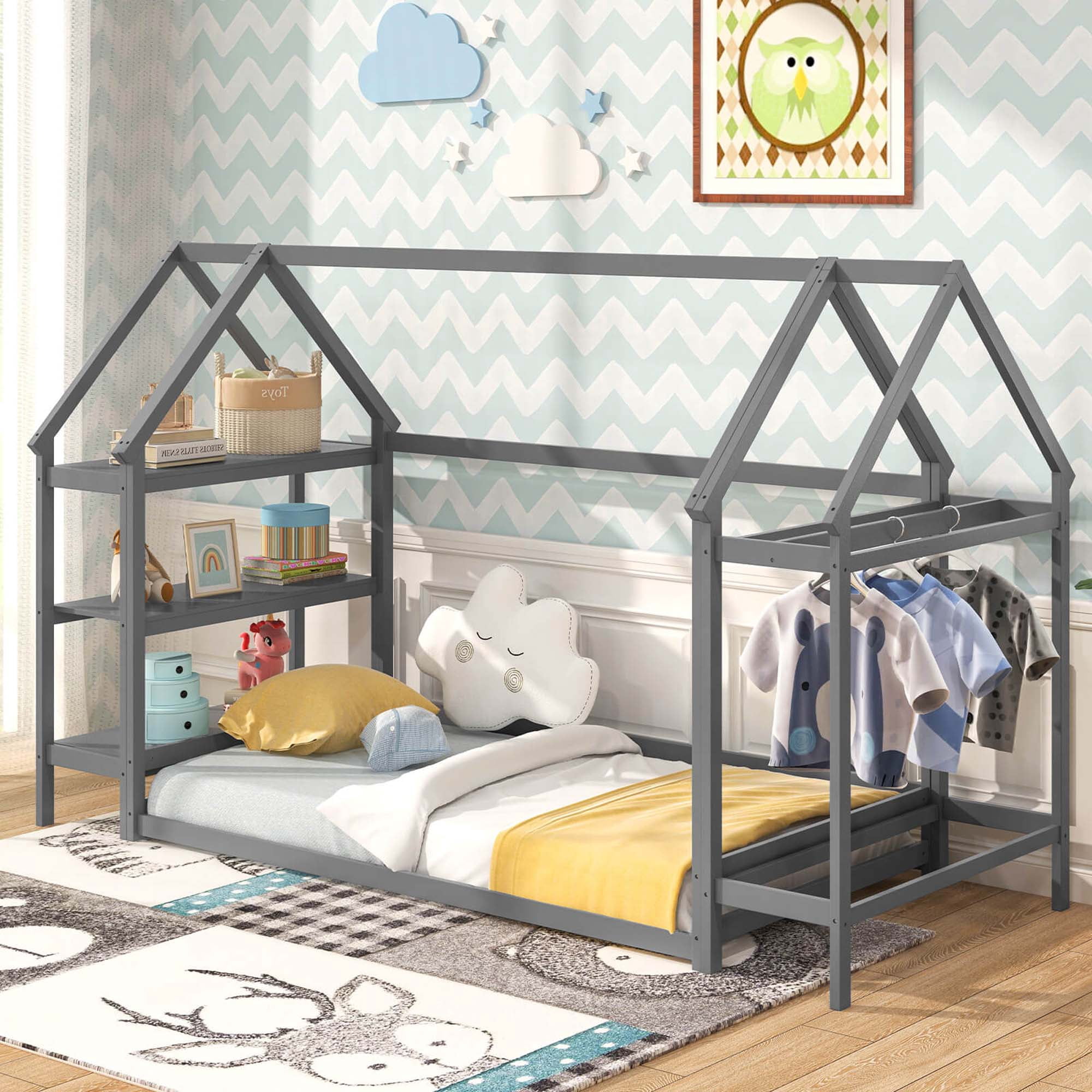 Costway Twin Size House Bed Montessori Floor Bed with Detachable Storage Shelves Gray