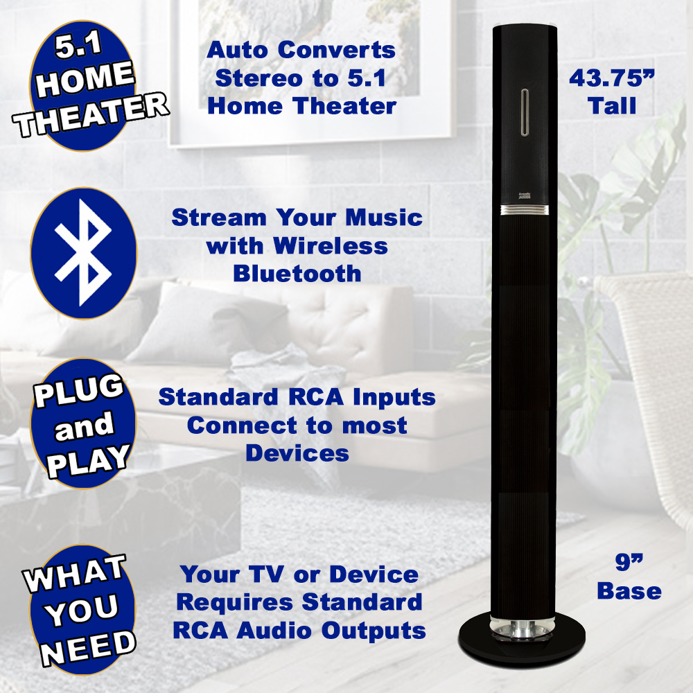 Acoustic Audio AAT1002 Bluetooth Tower 5.1 Speaker System with Mic Powered Sub and 2 Extension Cables - image 2 of 7
