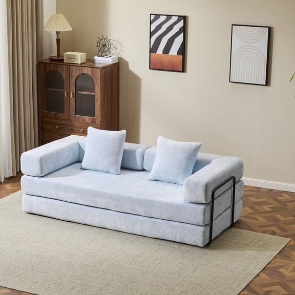 Miniyam 4 in 1 Convertible Floor Sofa Bed, Chenille Floor Couch with Armrest, Pillow for Living Room, Sky Blue