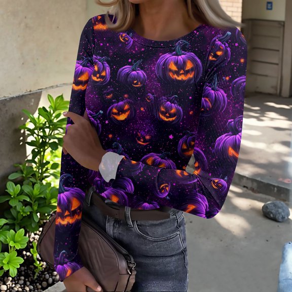 IYYVV Halloween Shirts for Women 2026 Long Sleeve Crewneck Slim Fitted Basic Tees Funny Ghost Pumpkin Graphic Ribbed Shirt Dark Purple L