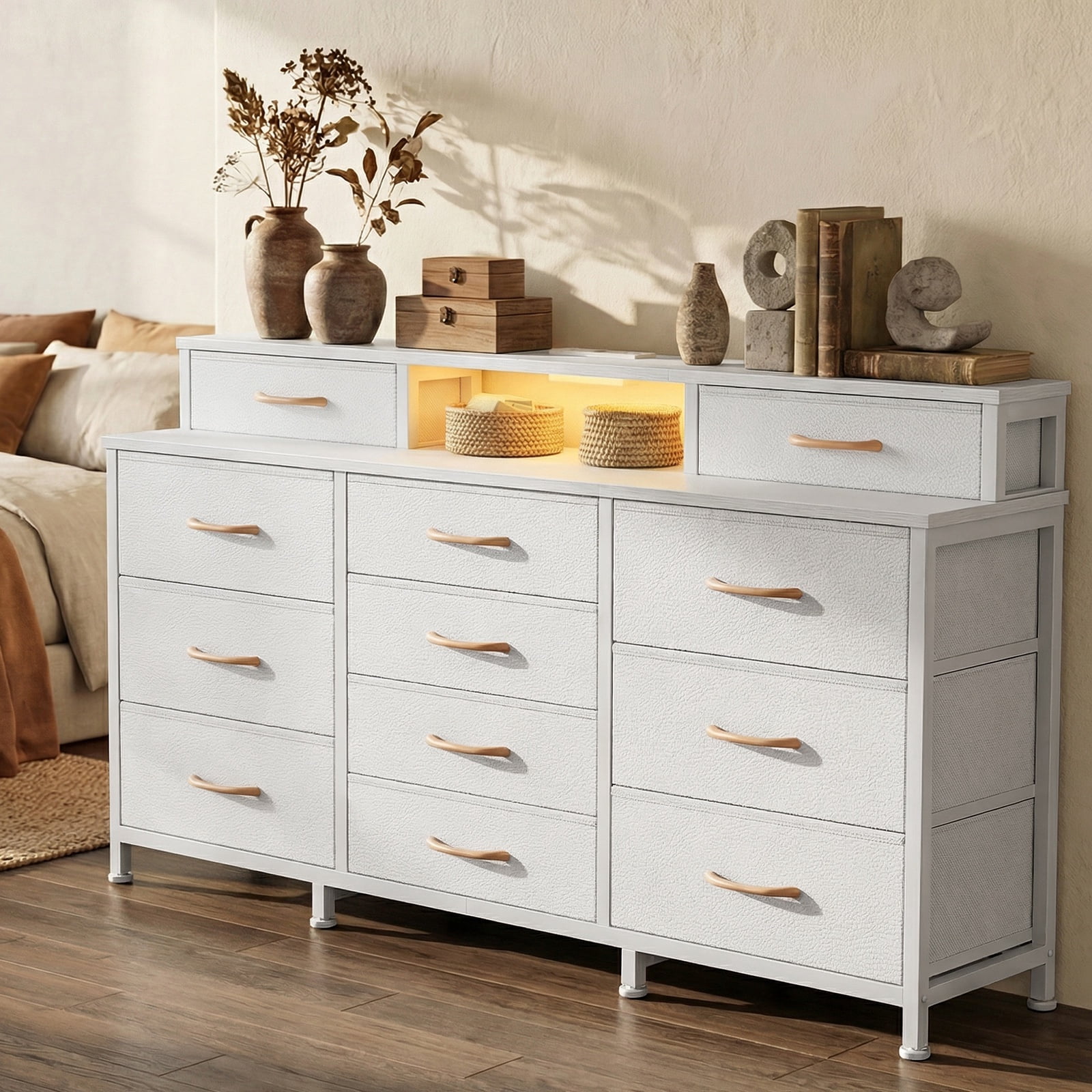 Tydimor Modern Dressers for Bedroom, Wide Chest with 12 Fabric Drawers for Living Room, White