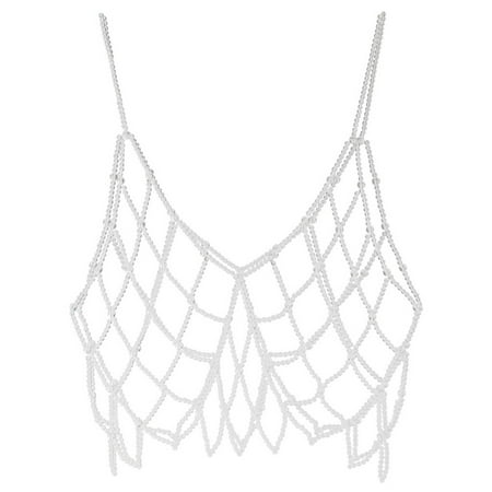 Women Handmade Woven Body Chain Camisole Imitation Pearl Crystal Beaded Vest Hollow Out Mesh Tank Top Body Jewelry Festival Clubwear