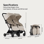 Mompush Lithe Double Stroller with Two Large Individual Side by Side Recline Seat, Khaki, 24.5LB, Unisex