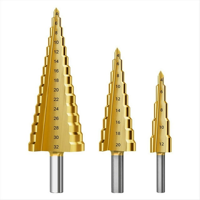 Juego de brocas escalonadas, 3 brocas de titanio, métricas de 4 mm a 32 mm, brocas cónicas HSS6542 para metal, madera y PVC.