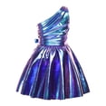 thumbnail image 2 of Raenseen Girls Shiny Party Dress With Belt One Shoulder A Line Summer Dress Patent Leather Look Modern Jazz Dance Outfits Blue 6, 2 of 7