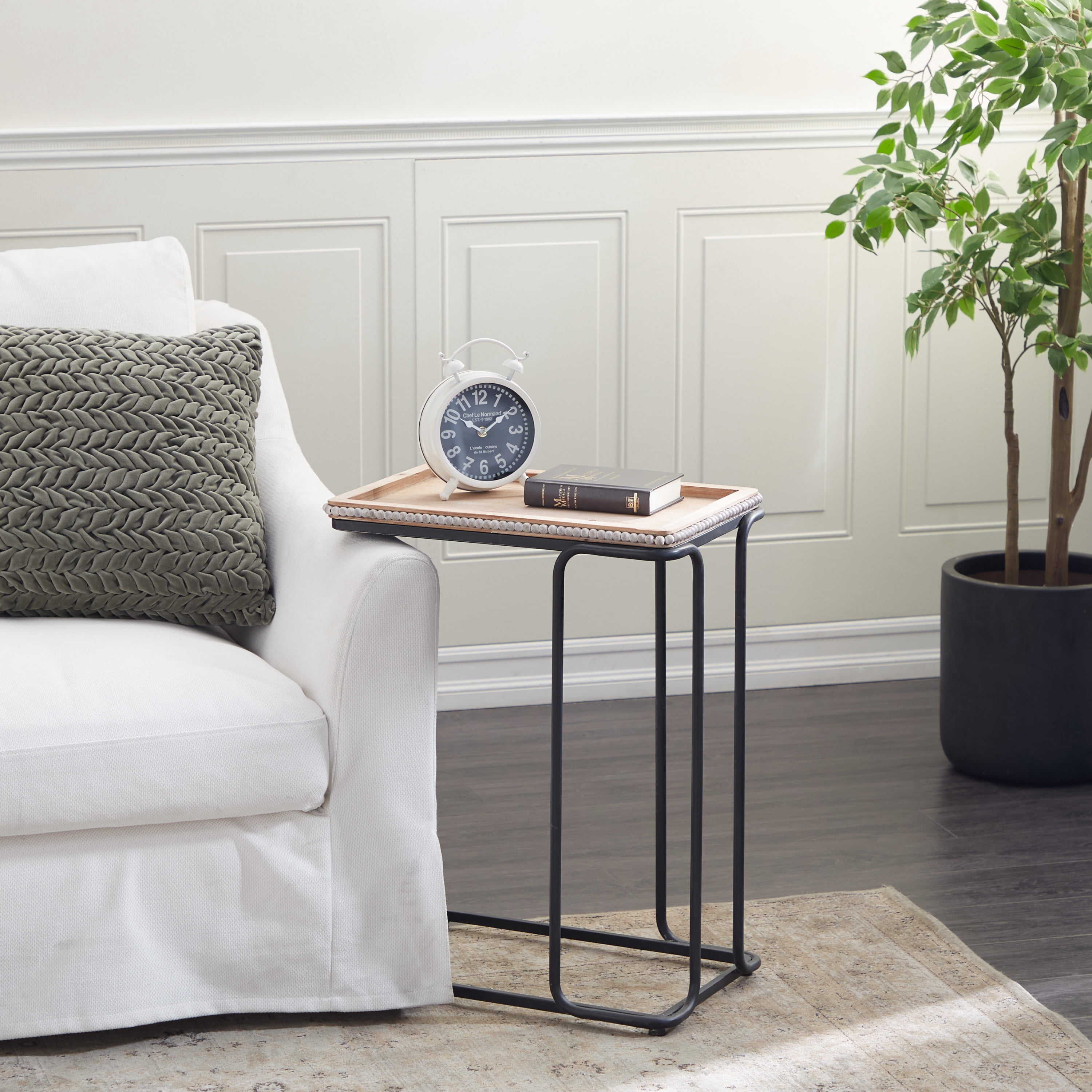 DecMode Iron Industrial C Shaped Side Table with Bead Accents 20"W x 26"H, Cream/White Wooden Finish and Black Metallic Frame