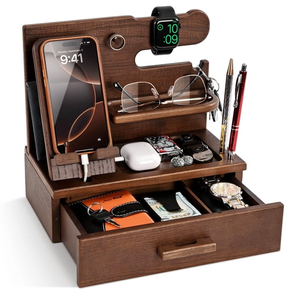 TESLYAR Wood Phone Docking Station with Drawer - Nightstand Organizer - Desk Organizer for Husband - Birthday Gifts for Men, Dad, Anniversary Idea, K