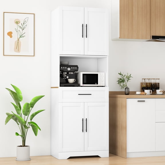 BUPPLEE Modern Kitchen Pantry Cabinet with Adjustable Shelves, Drawer & Open Shelves, Freestanding Storage Cabinet with Doors for Kitchen and Dining Room, White
