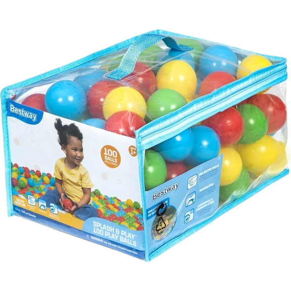 Bestway Jumbo 2.3" Multicolor Ball Pit Balls for Toddlers (100 Pack), BPA Free Crush Proof Plastic, Reusable Zipper Storage Bag